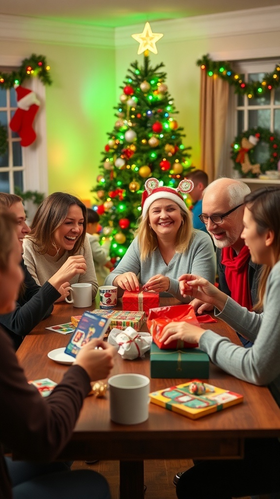 Family playing Christmas games with prizes in a cozy holiday setting.